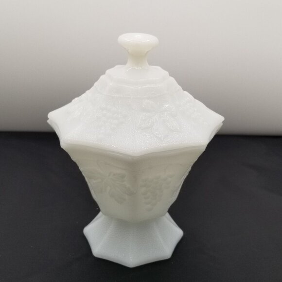 Vintage Milk Glass Footed Compote Candy Dish with Lid Grapes Leaves Pattern - Picture 1 of 9